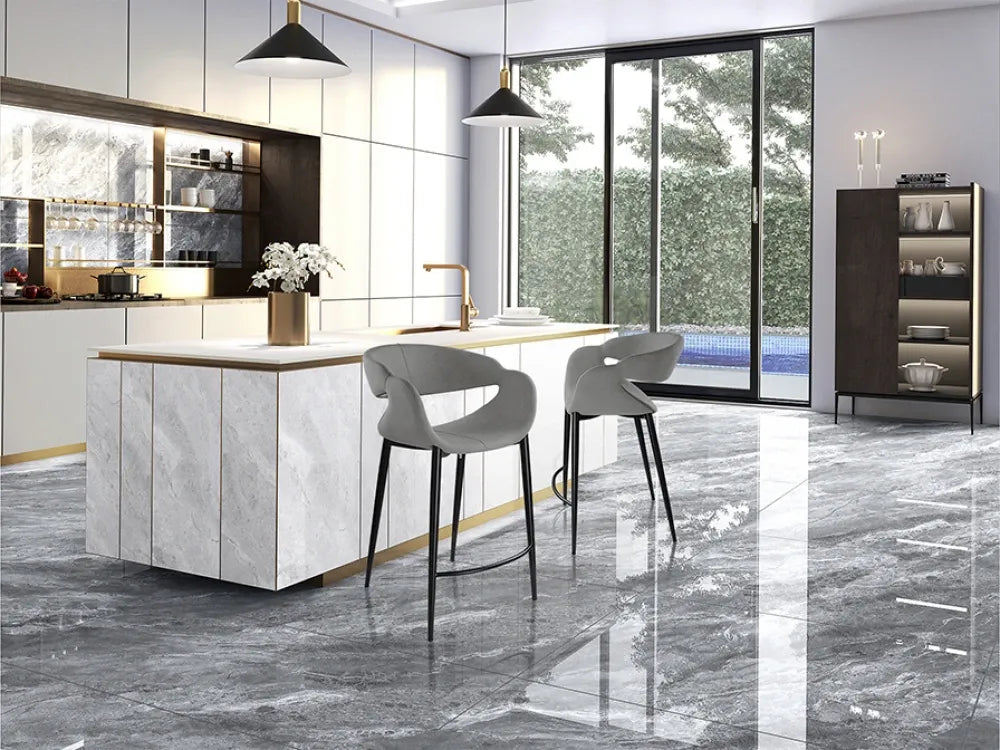 Scaun de bar din Metal Negru si Poliester Gri L52xH93cm Giro II