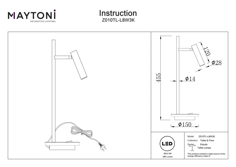 Veioza din Metal Alb D15xH45cm Estudo
