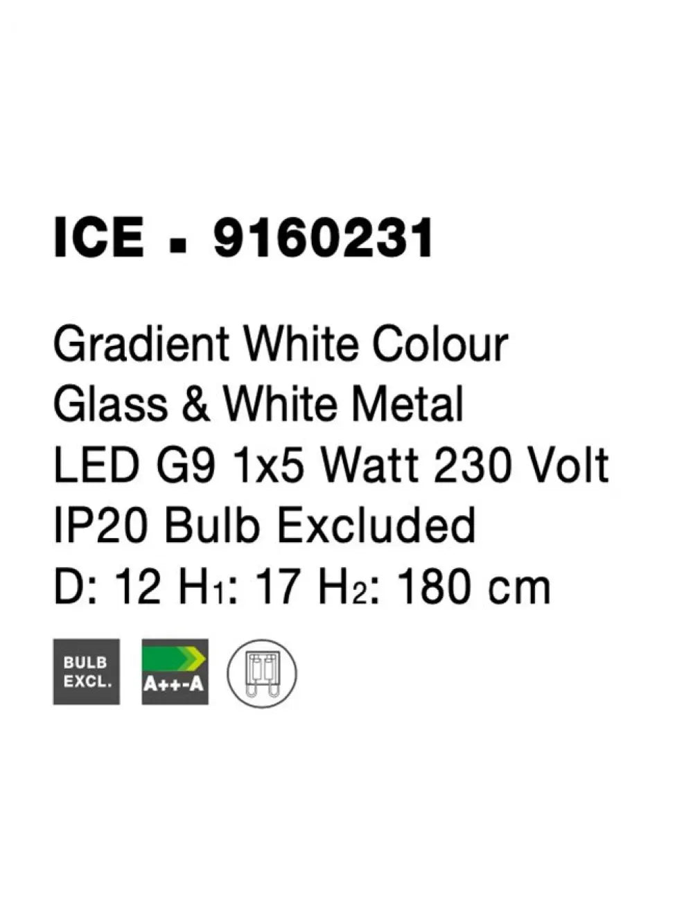 Pendul structura din Metal Alb si abajur din Sticla Alb H180xL12cm IP20 ICE