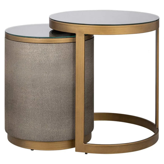 Set 2 masute de cafea Rotunda din Sticla Transparent si Metal/Piele ecologica Alama/Bej D40/50xH49/55cm Bloomville