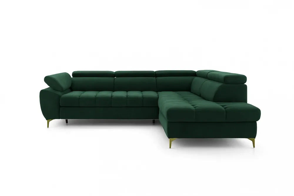 Coltar extensibil si spatiu depozitare din catifea verde Ferruce II L272 x 202cm