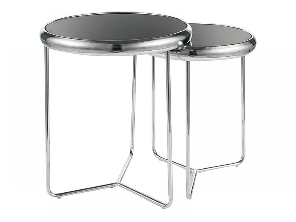 Set 2 masute laterale Rotunda din Sticla securizata Negru si Metal Argintiu D40/47xH45/50cm Scarlet II