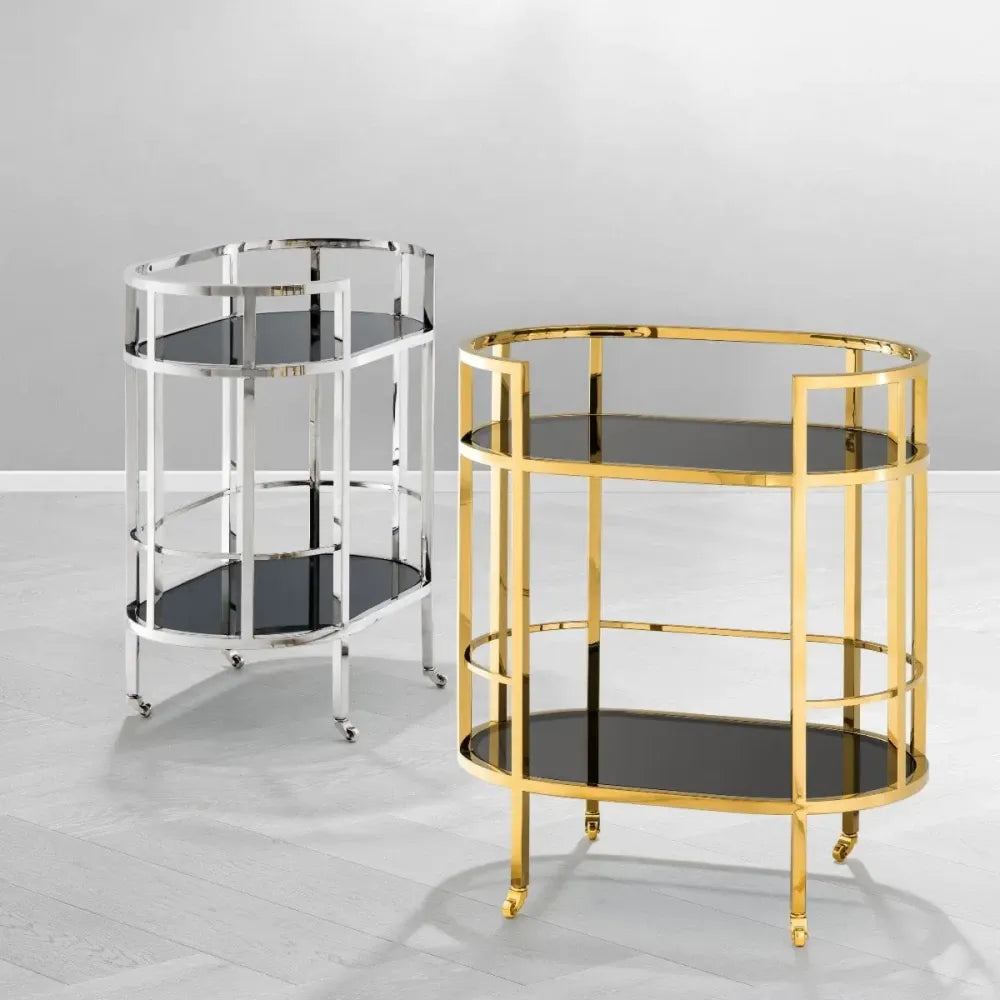 Carucior de servire Ovala din Otel inoxidabil Argintiu si Sticla Negru L70xl43cm Townhouse Eichholtz
