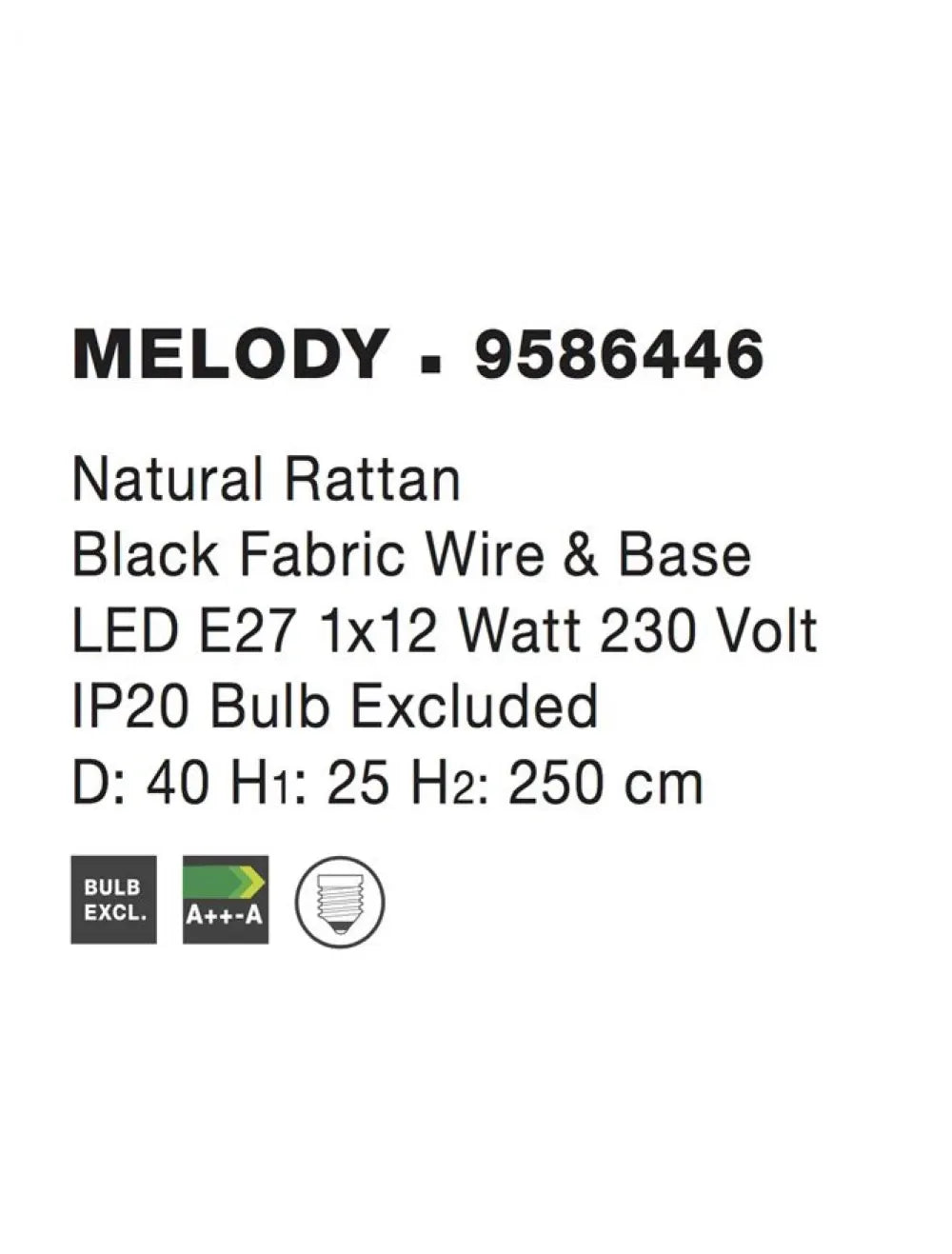 Pendul structura din Metal Negru si abajur din Ratan Bej H250xL40cm IP20 MELODY