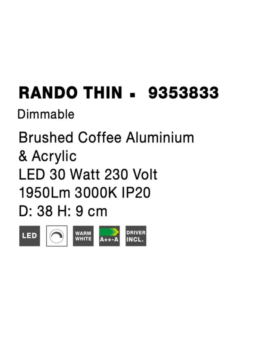 Plafoniera structura din Aluminiu Maro si abajur din Acrilic Alb H9xL38cm IP20 30W 1845lm 3000k RANDO THIN