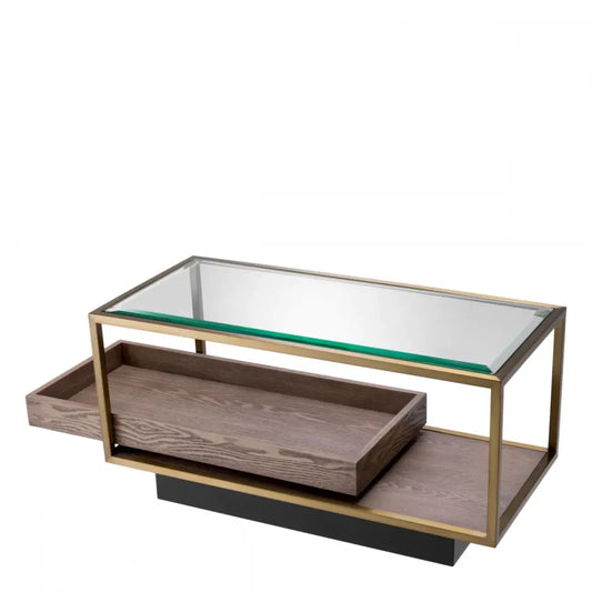 Masuta laterala Dreptunghiulara din Otel inoxidabil/Furnir de stejar Alama/Maro si Sticla Transparent L90xl42cm Roxton Eichholtz