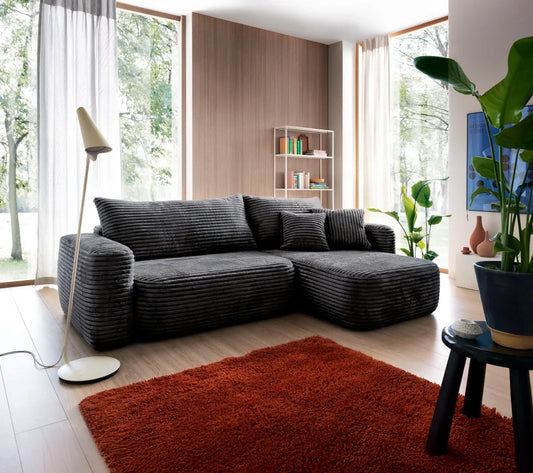 Coltar extensibil tapitat cu Corduroy Negru cu lada depozitare Billy