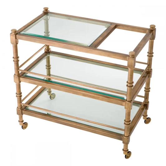 Carucior de servire Dreptunghiulara din Otel inoxidabil Alama si Sticla Transparent L82xl46cm Alexia Eichholtz