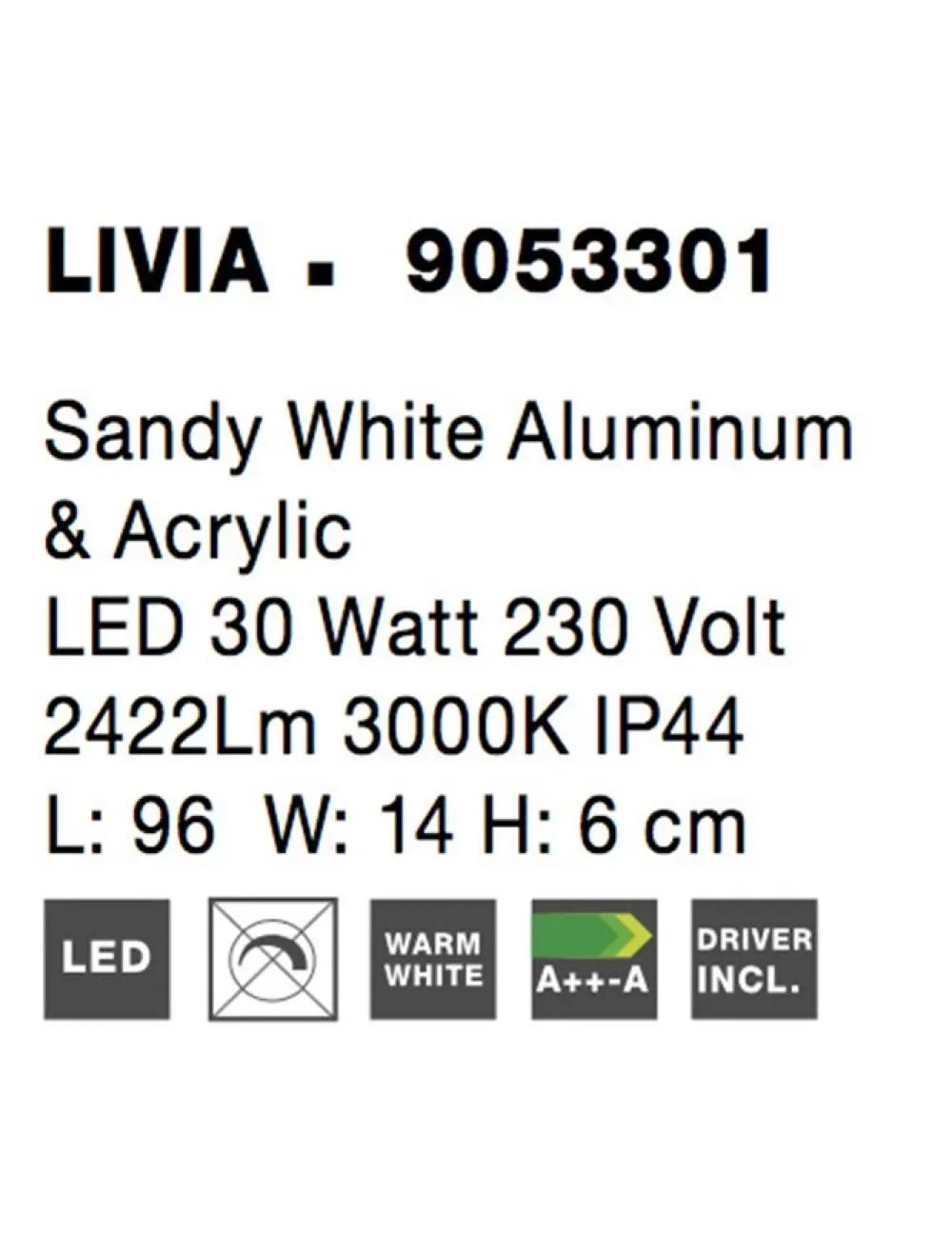 Aplica de perete structura din Aluminiu Alb si abajur din Acrilic Alb H6xL96cm IP44 30W 2422lm 3000k LIVIA