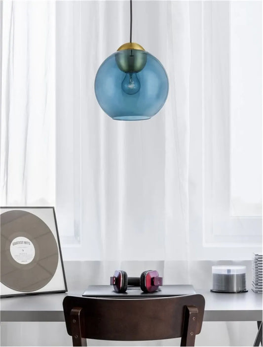 Pendul structura din Metal Auriu si abajur din Sticla Albastru H182.5xL24cm IP20 MIDORI