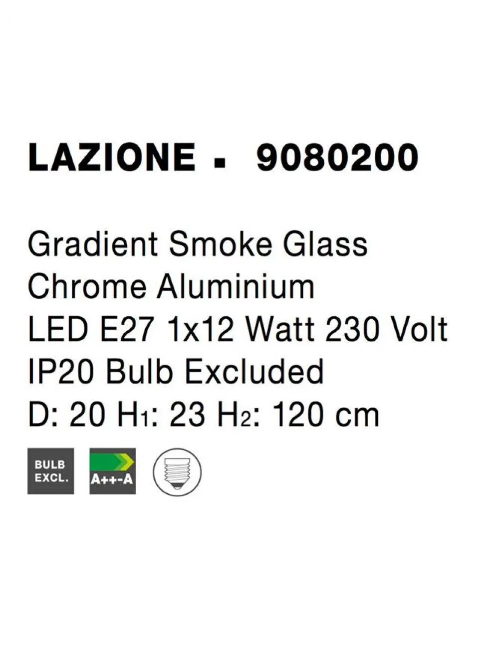 Pendul structura din Aluminiu Argintiu si abajur din Sticla Fumuriu H120xL20cm IP20 LAZIONE