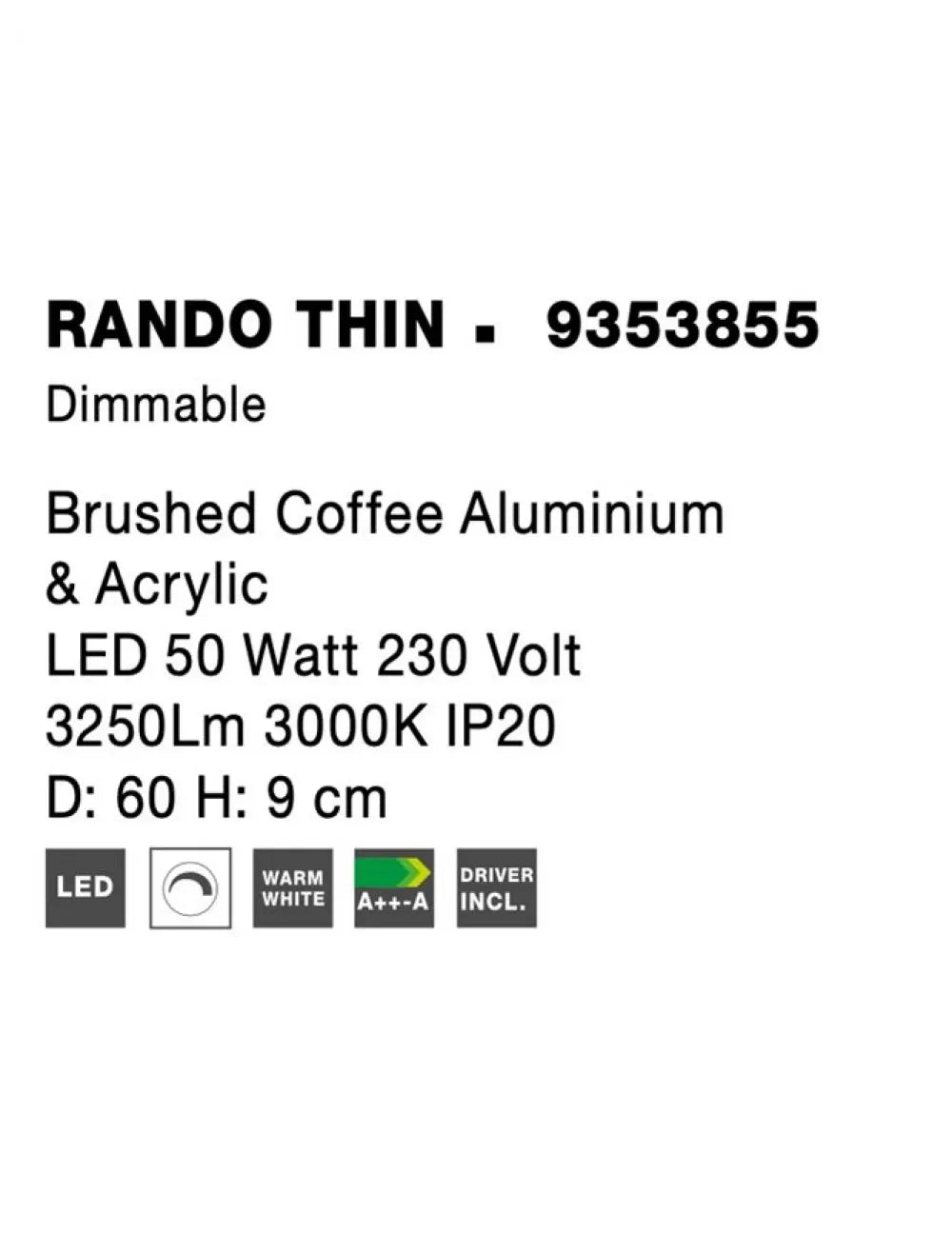 Plafoniera structura din Aluminiu Maro si abajur din Acrilic Alb H9xL60cm IP20 50W 2864lm 3000k RANDO THIN