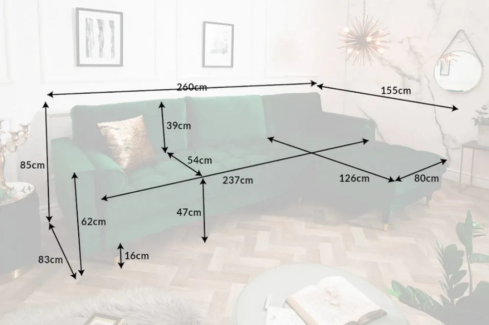 Coltar cu orientare reversibila tapitat cu Catifea Verde L260cm Cozy