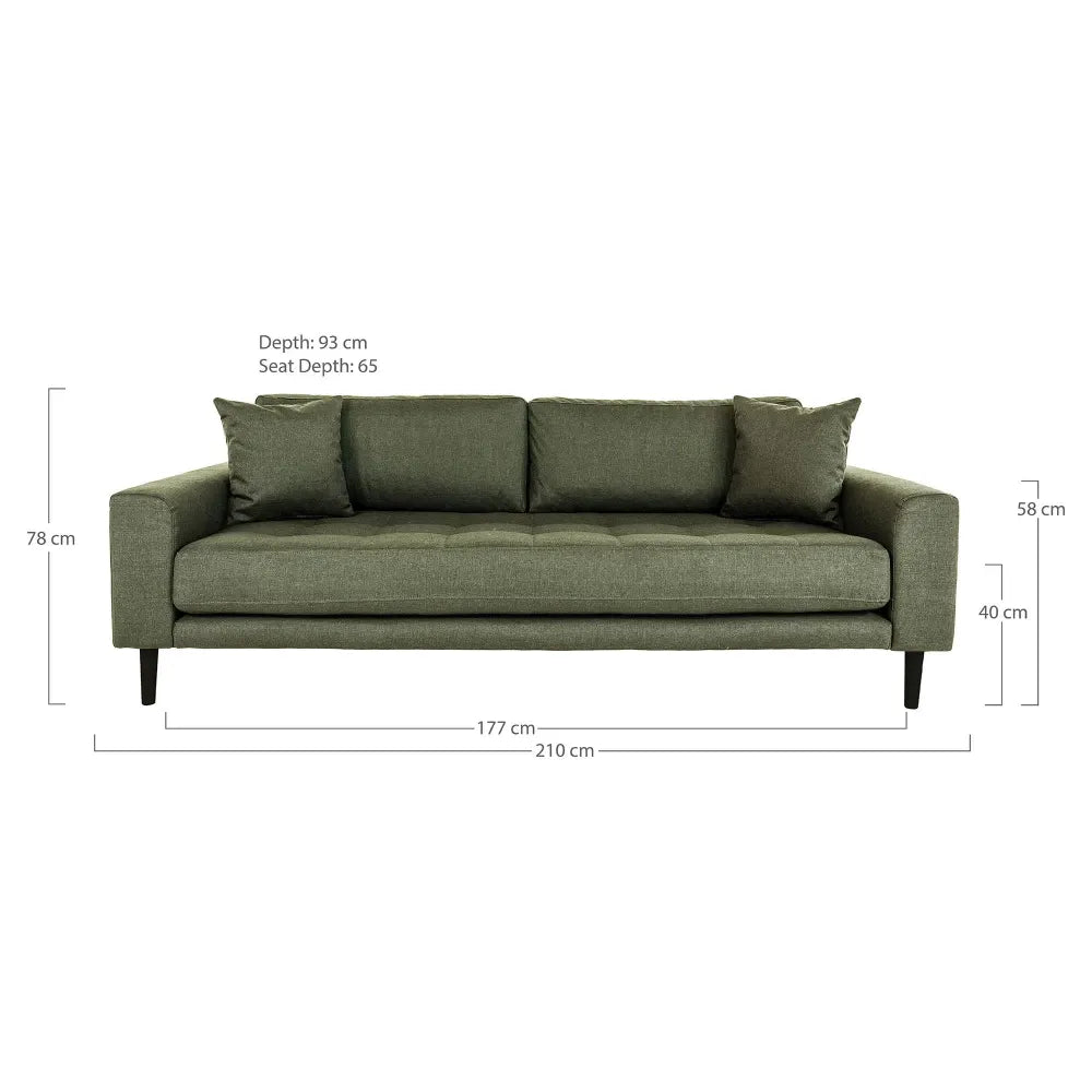 Canapea de 3 locuri cu picioare din lemn de fag negru tapitata cu Stofa Verde L210xH76cm Lido