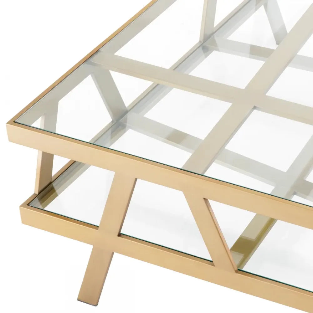 Masuta de cafea Patrata din Otel inoxidabil Alama si Sticla Transparent L110xl110cm Billinghurst Eichholtz