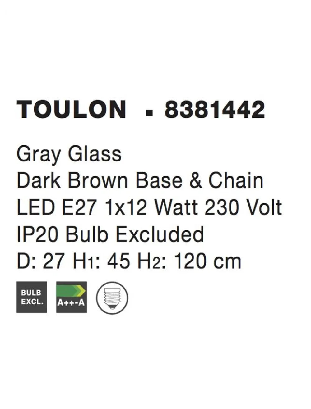 Pendul structura din Metal Maro inchis si abajur din Sticla Gri H120xL27cm IP20 TOULON