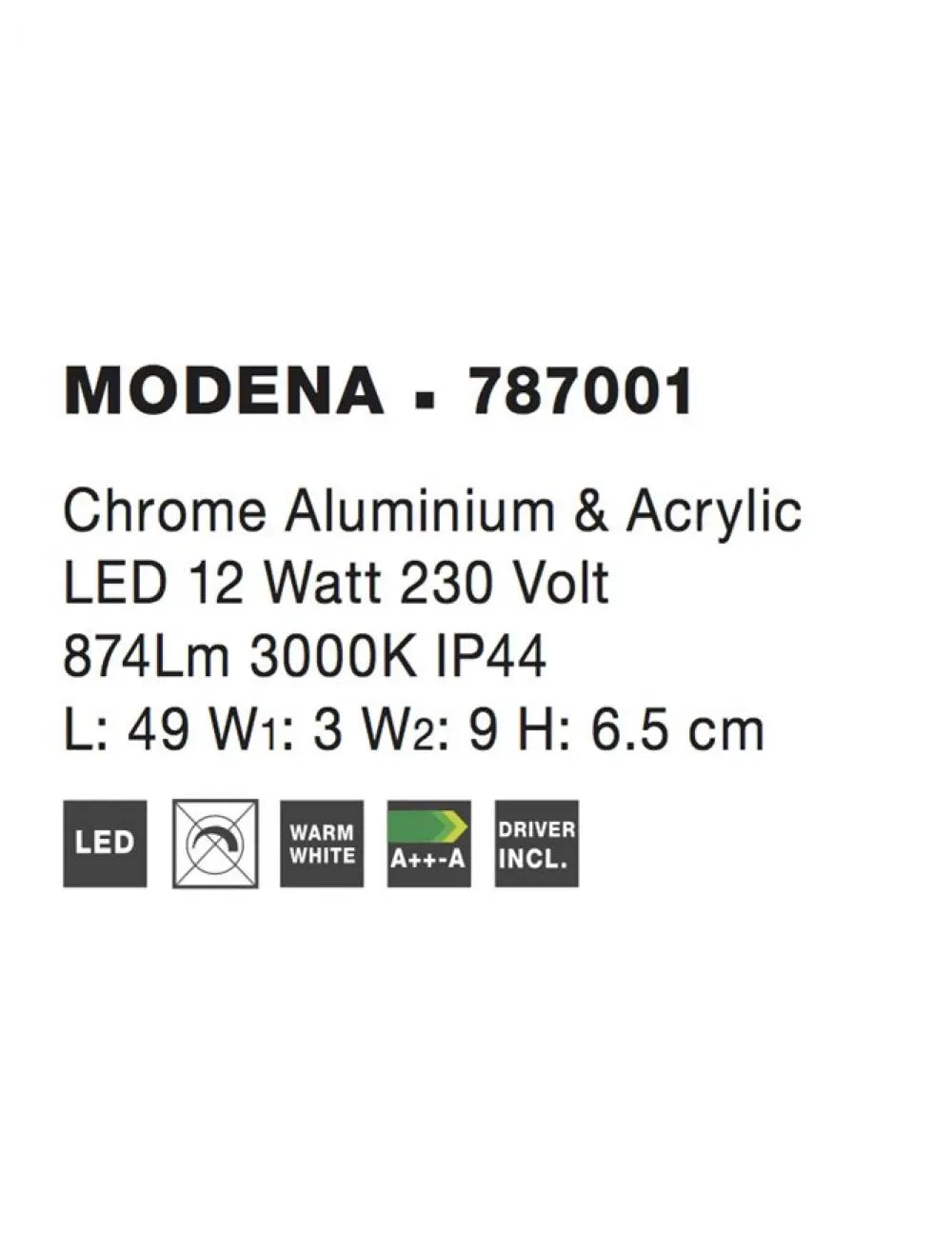 Aplica de perete structura din Aluminiu Argintiu si abajur din Acrilic Alb H6.5xL49cm IP44 12W 874lm 3000k MODENA