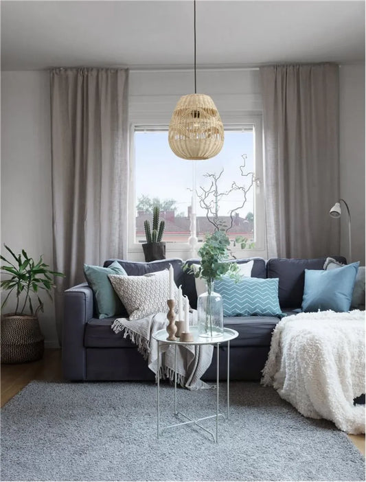 Pendul structura din Metal Negru si abajur din Ratan Bej H185xL30cm IP20 MARLO