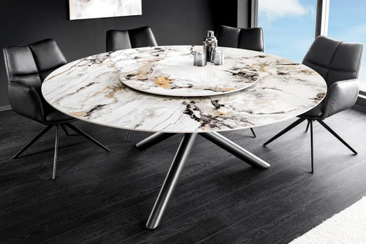 Masa rotunda din Sticla securizata/Ceramica Multicolor si Metal Negru D150xH76cm Spin