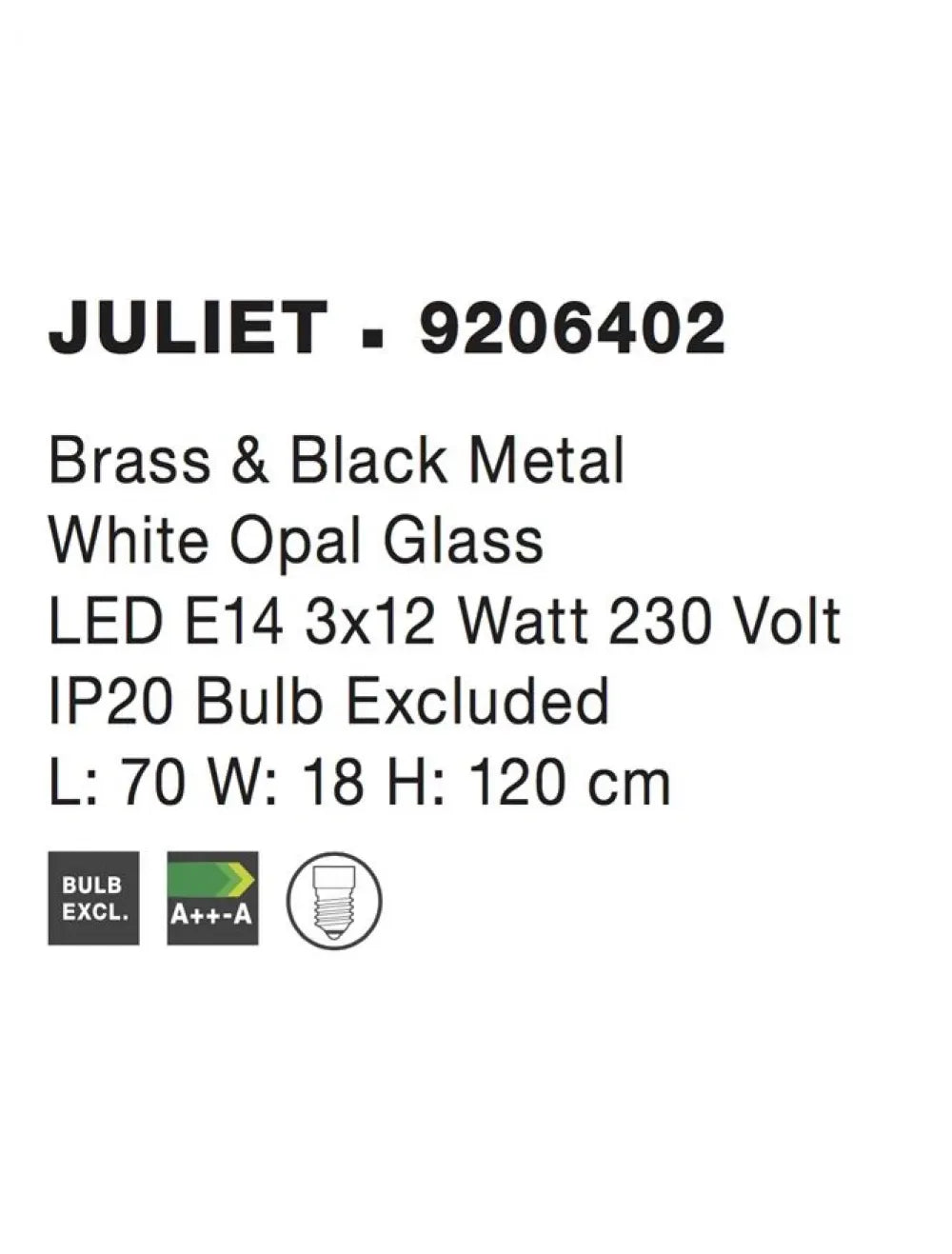 Lustra structura din Metal Negru/Auriu si abajur din Sticla Alb H120xL70cm IP20 JULIET