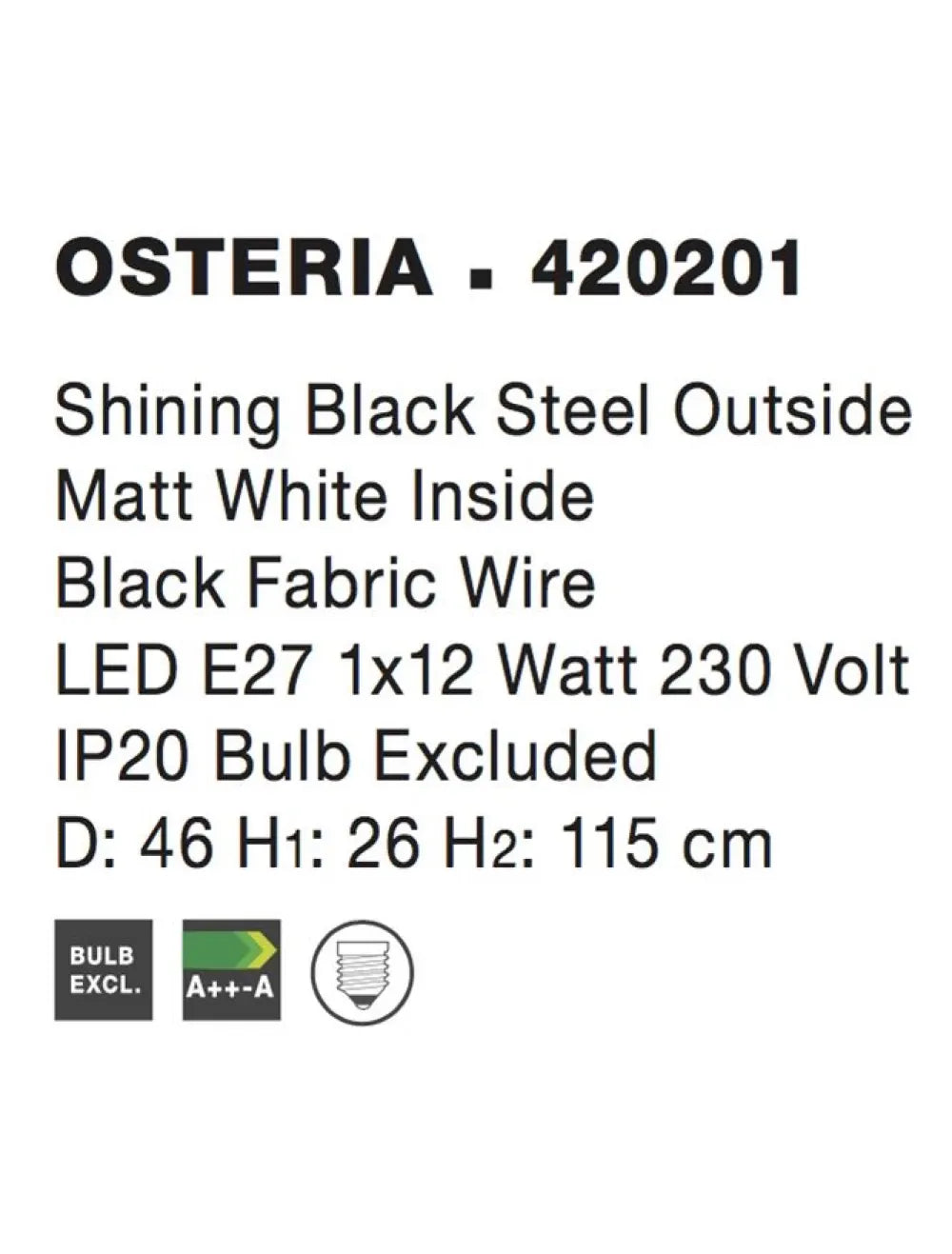 Pendul structura din Metal Negru si abajur din Metal Negru H115xL46cm IP20 OSTERIA