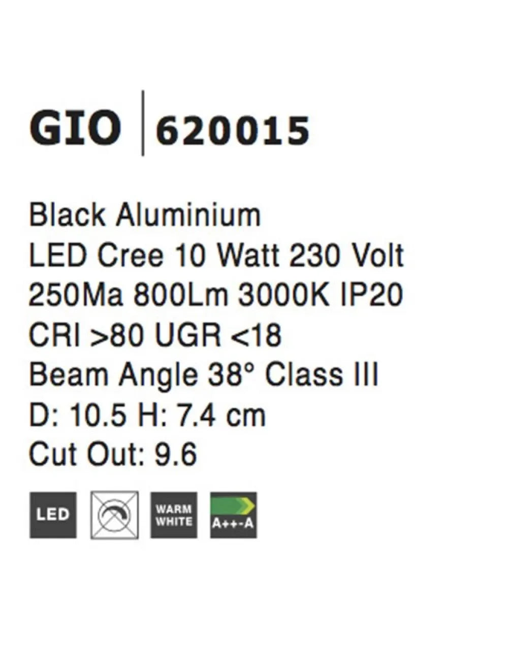 Spot incastrat din Aluminiu Negru H7.4xL10.5cm IP20 10W 800lm 3000k GIO