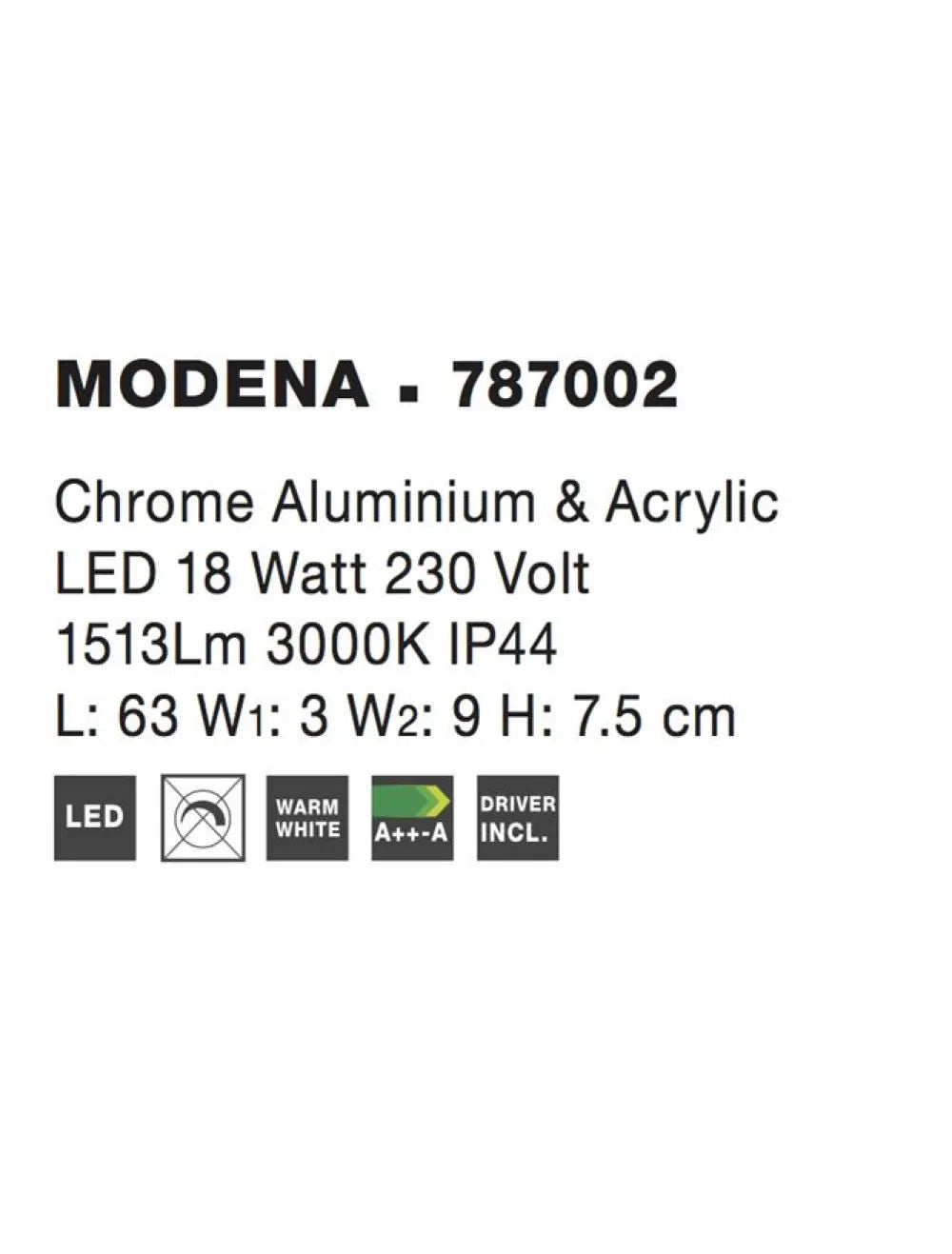 Aplica de perete structura din Aluminiu Argintiu si abajur din Acrilic Alb H7.5xL63cm IP44 18W 1513lm 3000k MODENA