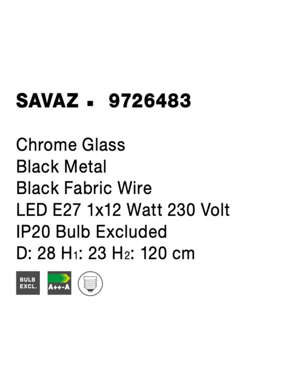 Pendul structura din Metal Negru si abajur din Sticla Crom H120xL28cm IP20 SAVAZ