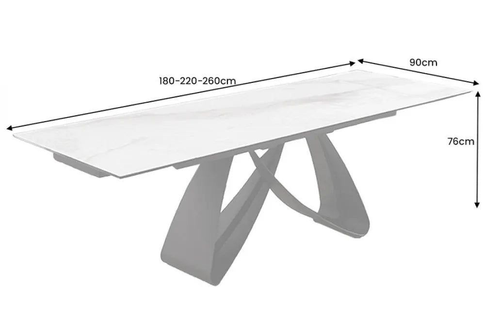 Masa din Sticla securizata/Ceramica Alb cu efect de marmura si Metal Negru L180-220-260xH76cm Infinity