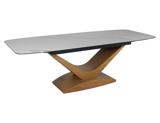 Masa extensibila din Sticla securizata+Ceramica Alb cu efect de marmura si MDF+Furnir de stejar Maro L180-240xH76cm Dolce