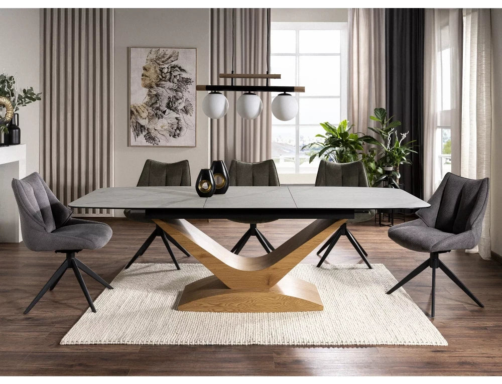 Masa extensibila din Sticla securizata+Ceramica Alb cu efect de marmura si MDF+Furnir de stejar Maro L180-240xH76cm Dolce
