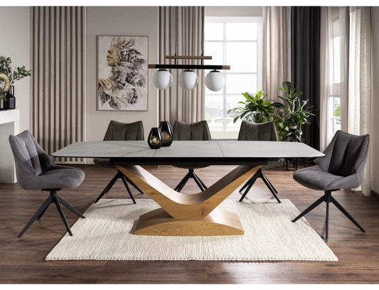 Masa extensibila din Sticla securizata+Ceramica Alb cu efect de marmura si MDF+Furnir de stejar Maro L180-240xH76cm Dolce