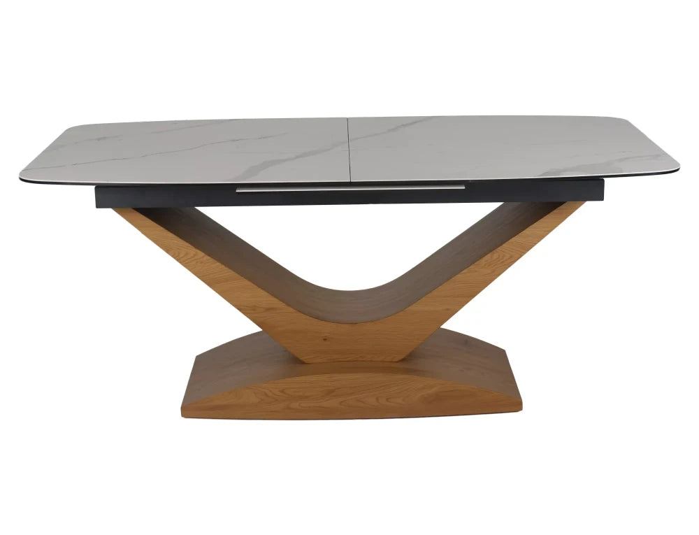Masa extensibila din Sticla securizata+Ceramica Alb cu efect de marmura si MDF+Furnir de stejar Maro L180-240xH76cm Dolce