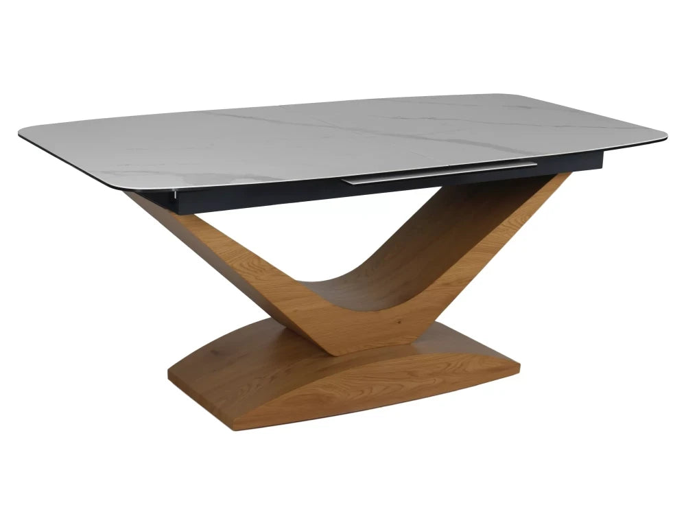Masa extensibila din Sticla securizata+Ceramica Alb cu efect de marmura si MDF+Furnir de stejar Maro L180-240xH76cm Dolce