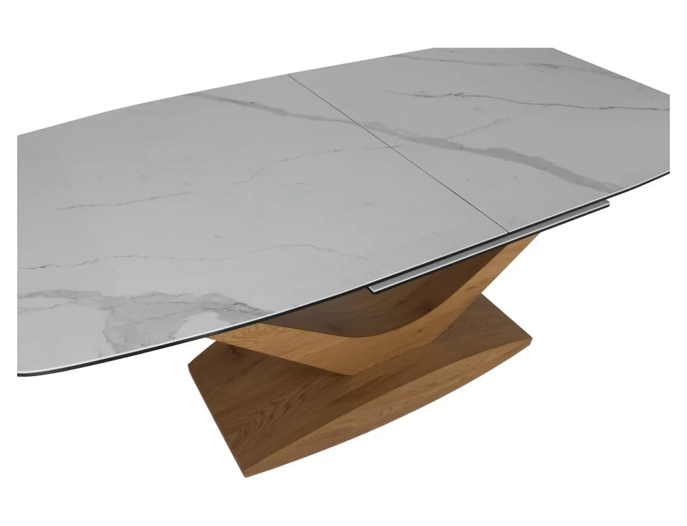 Masa extensibila din Sticla securizata+Ceramica Alb cu efect de marmura si MDF+Furnir de stejar Maro L180-240xH76cm Dolce