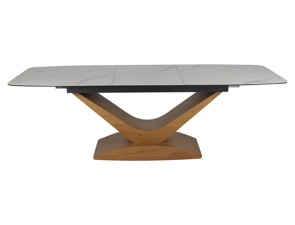 Masa extensibila din Sticla securizata+Ceramica Alb cu efect de marmura si MDF+Furnir de stejar Maro L180-240xH76cm Dolce