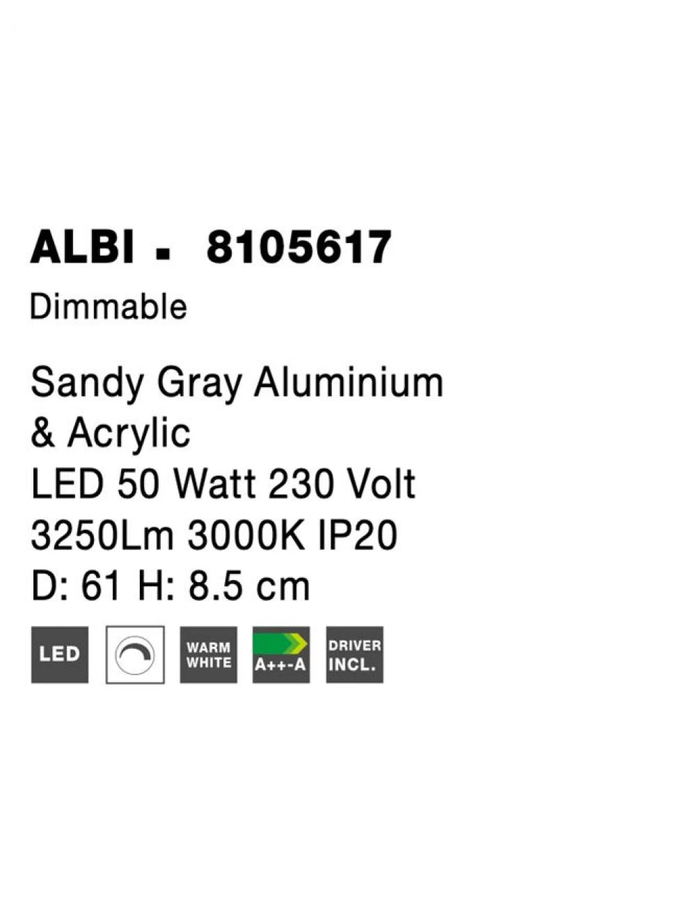 Plafoniera structura din Aluminiu Gri si abajur din Acrilic Alb H8.5xL61cm IP20 50W 2876lm 3000k ALBI
