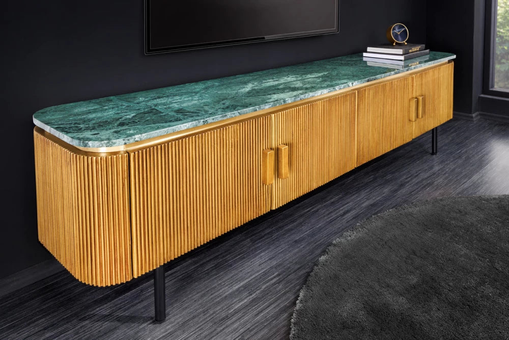 Comoda TV din Marmura Verde si Lemn de mango/Metal Alama/Negru L160xH50cm VENEZIANO