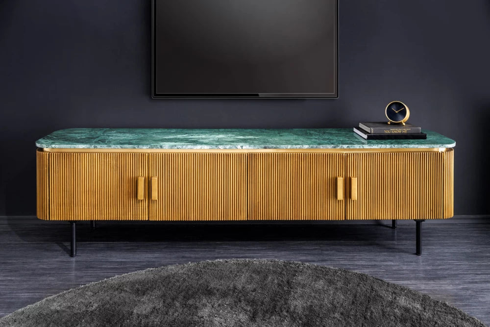 Comoda TV din Marmura Verde si Lemn de mango/Metal Alama/Negru L160xH50cm VENEZIANO