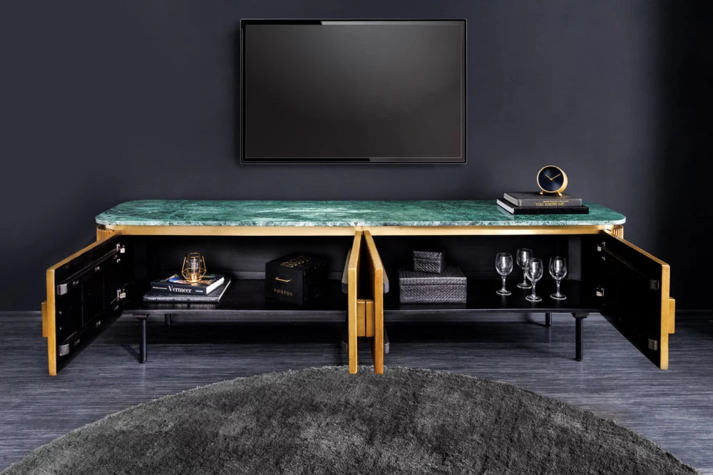Comoda TV din Marmura Verde si Lemn de mango/Metal Alama/Negru L160xH50cm VENEZIANO