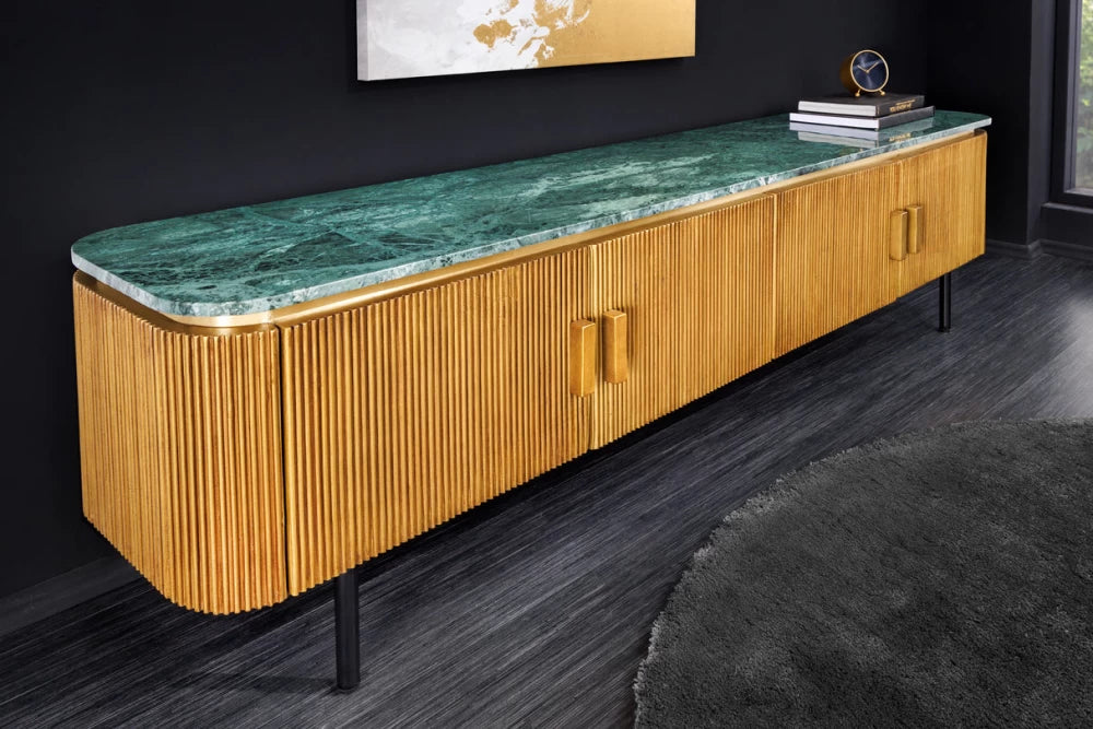 Comoda TV din Marmura Verde si Lemn de mango/Metal Alama/Negru L160xH50cm VENEZIANO