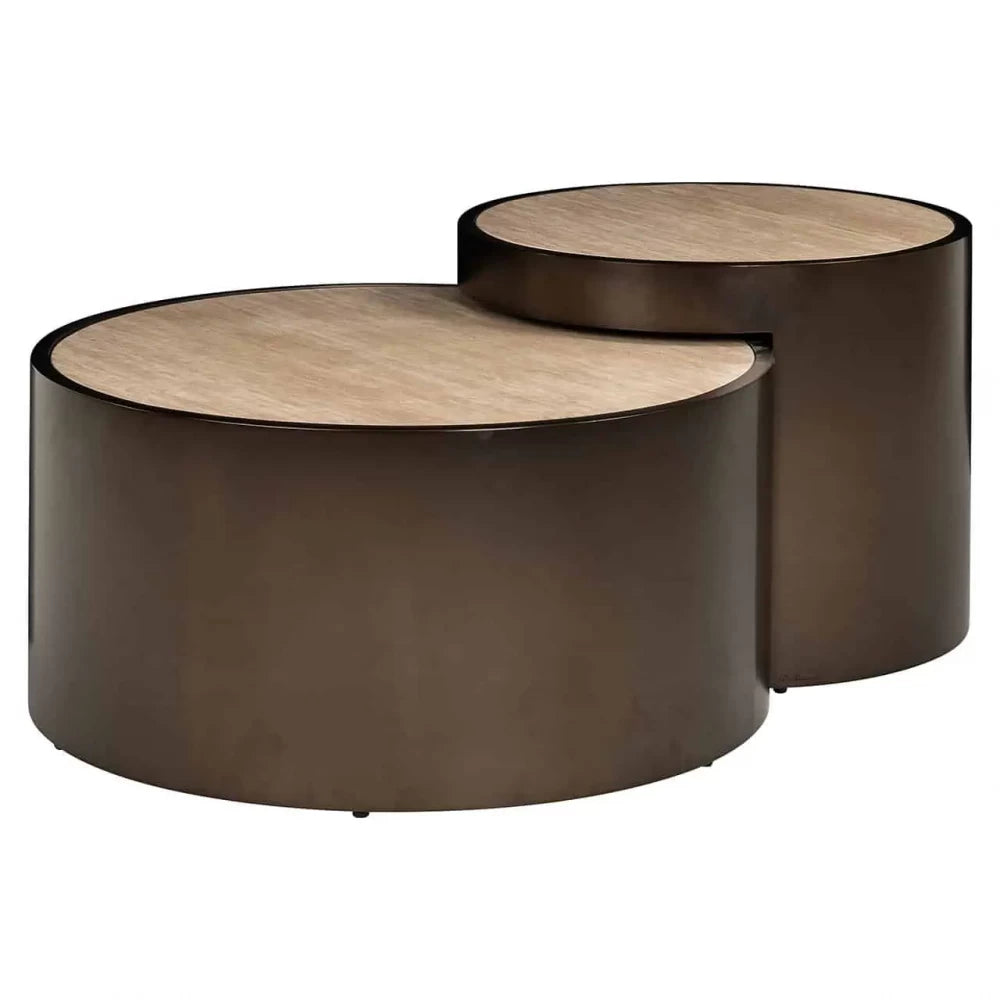 Set 2 masute de cafea din Otel inoxidabil Bronz si Travertin artificial Bej H38.5/47.5xD119/60cm Ronson