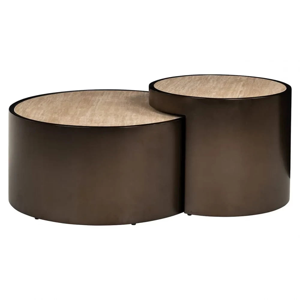 Set 2 masute de cafea din Otel inoxidabil Bronz si Travertin artificial Bej H38.5/47.5xD119/60cm Ronson