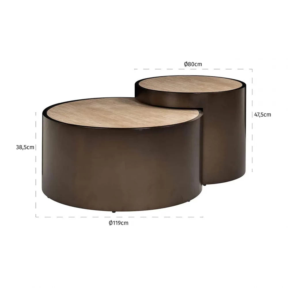 Set 2 masute de cafea din Otel inoxidabil Bronz si Travertin artificial Bej H38.5/47.5xD119/60cm Ronson
