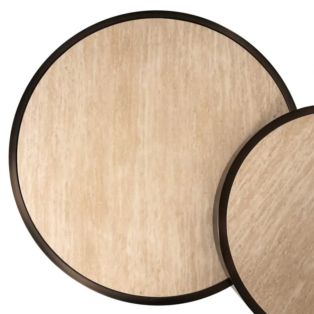 Set 2 masute de cafea din Otel inoxidabil Bronz si Travertin artificial Bej H38.5/47.5xD119/60cm Ronson
