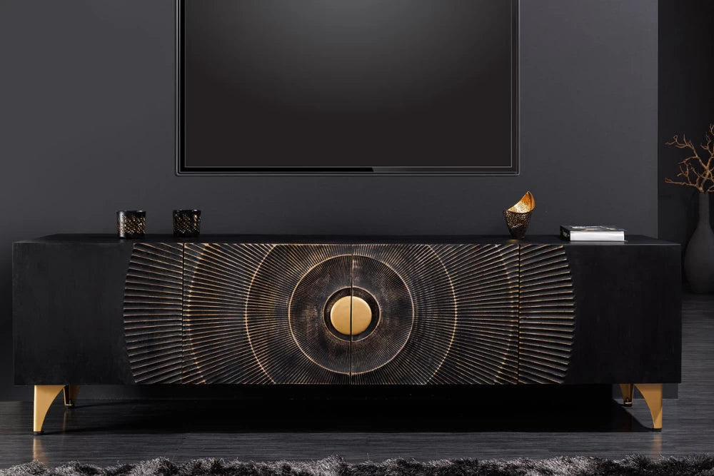 Comoda TV din Lemn de mango Negru si Metal Auriu L180xH55cm GOLDEN SUNSET