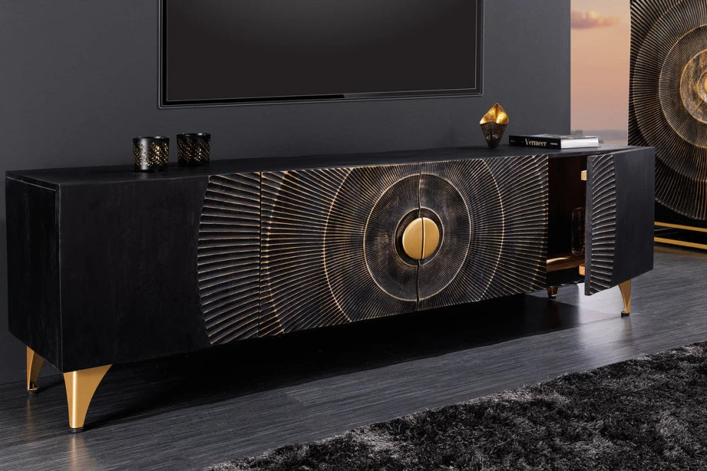 Comoda TV din Lemn de mango Negru si Metal Auriu L180xH55cm GOLDEN SUNSET