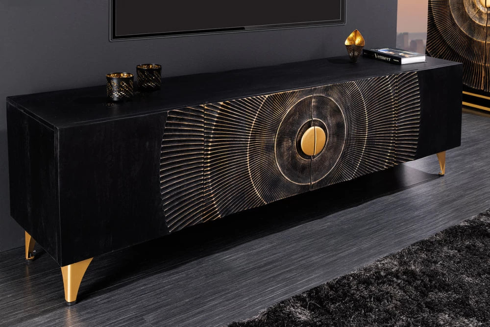 Comoda TV din Lemn de mango Negru si Metal Auriu L180xH55cm GOLDEN SUNSET