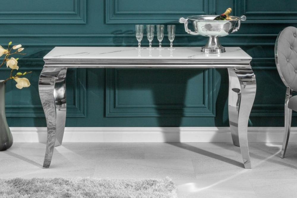 Consola din Sticla securizata si Otel inoxidabil alb/Argintiu Baroque L145xH75cm