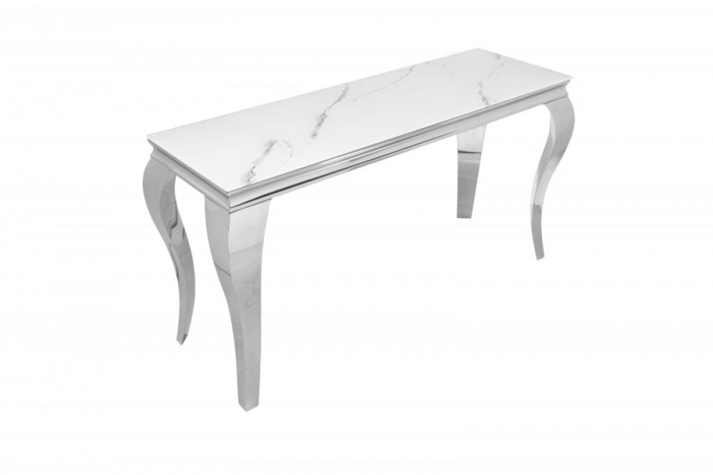 Consola din Sticla securizata si Otel inoxidabil alb/Argintiu Baroque L145xH75cm